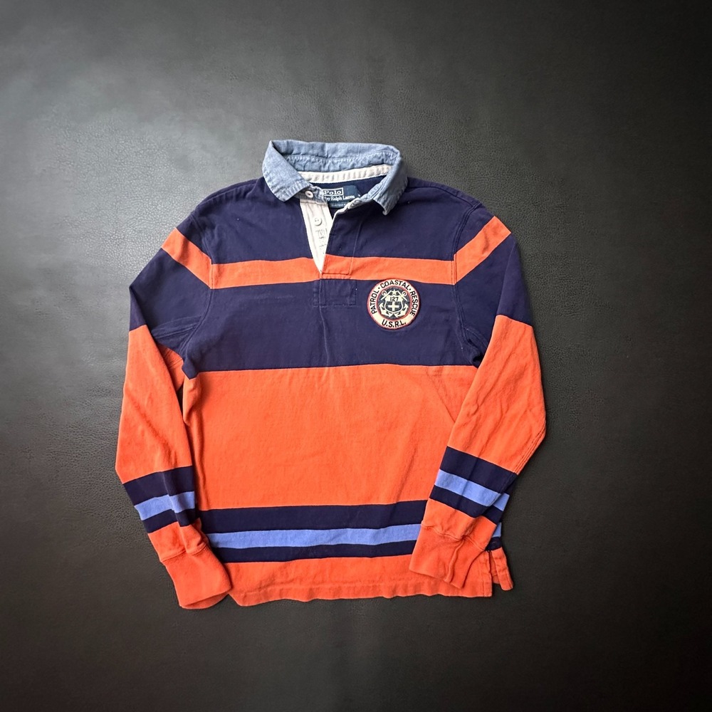 Vtg Polo Ralph Lauren Mens Small Blue Y2k Rugby Shirt Denim Collar Preppy Cotton
